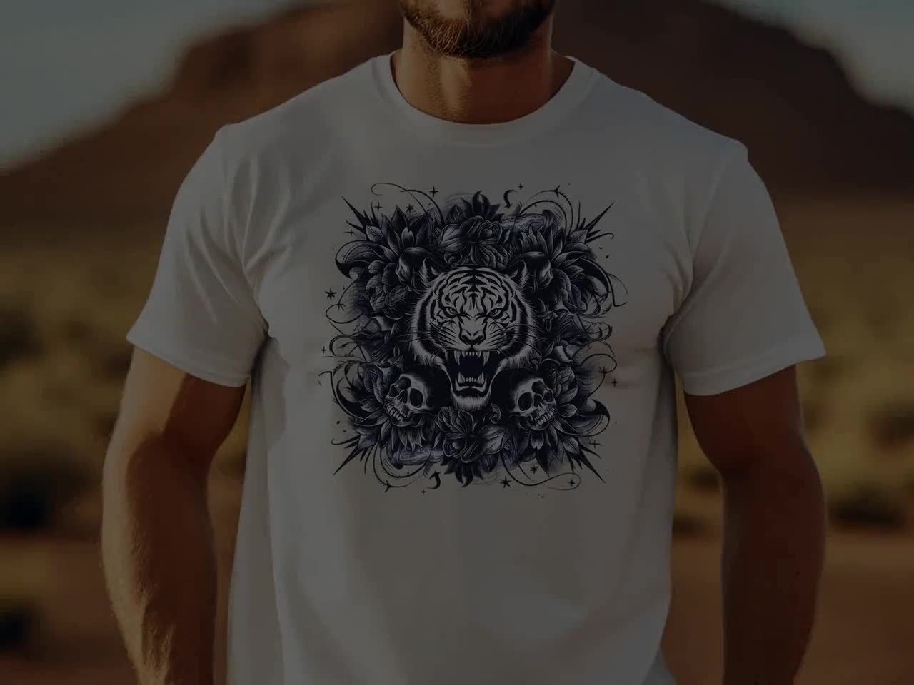 タイガースカルアートTシャツ：トライバルタトゥーゴシック